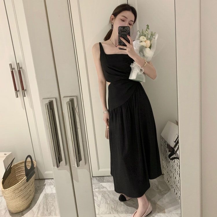 Irregular pleated suspender dress women  spring and summer new high-end light luxury waist slimming long skirt