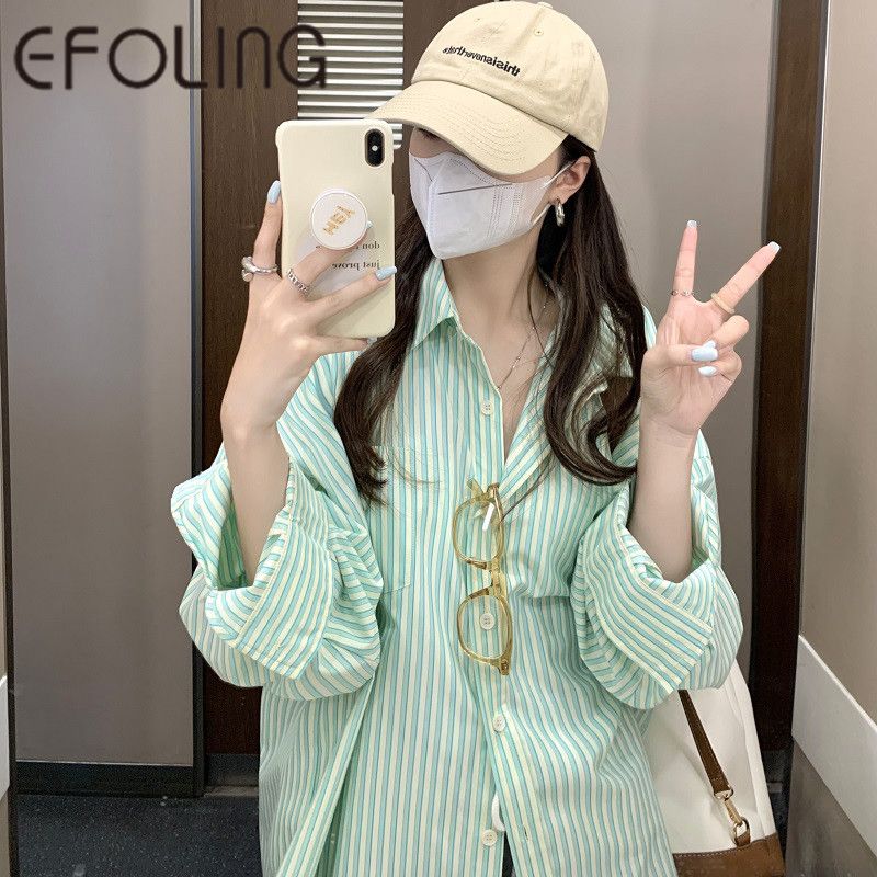 EFOLONG防曬上衣女襯衫外穿女夏季寬鬆休閒百搭顯瘦條紋旅遊外套