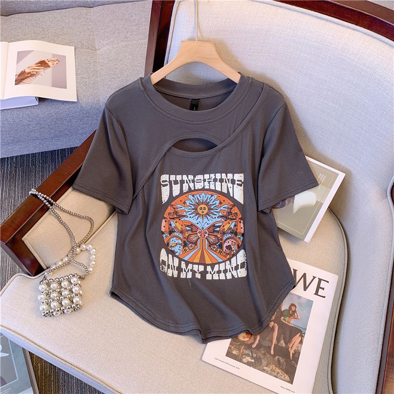 Fried street hot girl hollow round neck short-sleeved T-shirt women's summer large size fat mm design sense printing giant thin top tide