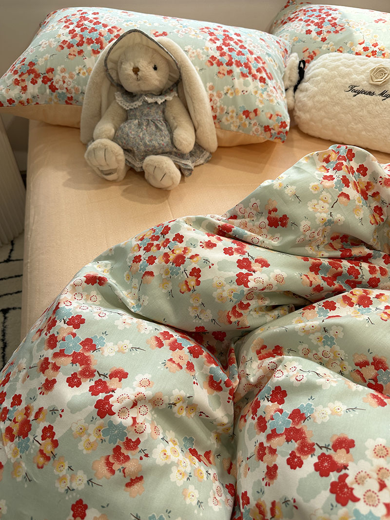 INS Literary and Artistic Garden Small Fragmented Flowers 100 Cotton Bedding Set of Four Pieces, Pure Cotton Literary and Artistic Quilt Set, Bed Sheet Set, Dormitory Set of Three Pieces