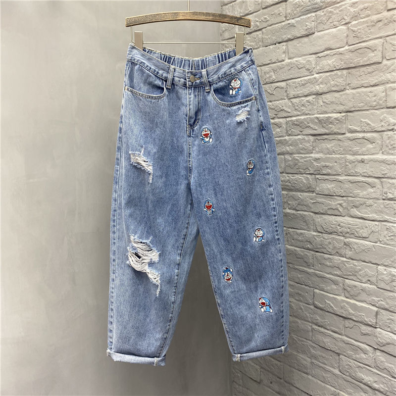 特大碼300斤胖mm刺繡破洞牛仔褲女新款寬鬆顯瘦高腰老爹褲哈倫褲