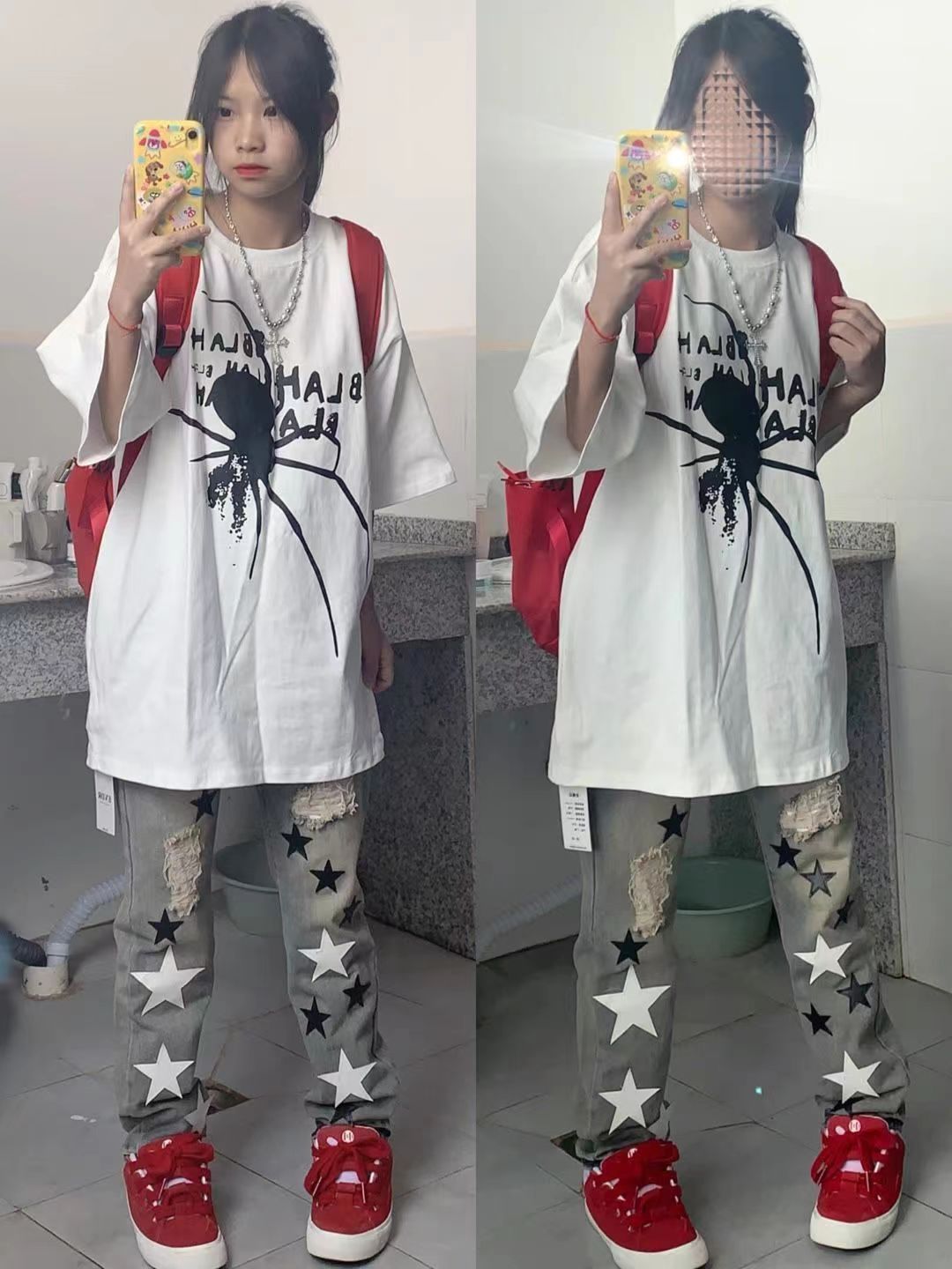 100%純棉黑白蜘蛛印花短袖高街t恤女ins潮牌寬鬆美式嘻哈情侶上衣