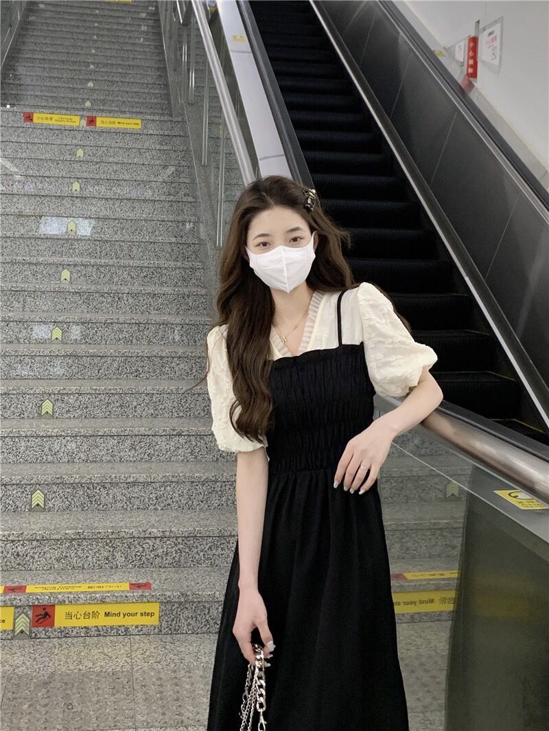 French fake two-piece fat mm black summer dress female Korean version of niche design skirt a-line skirt mid-length skirt female