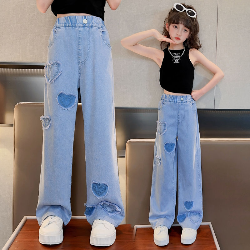 女童牛仔褲夏季2023新款兒童夏款天絲防蚊褲大童夏裝直筒闊腿褲子