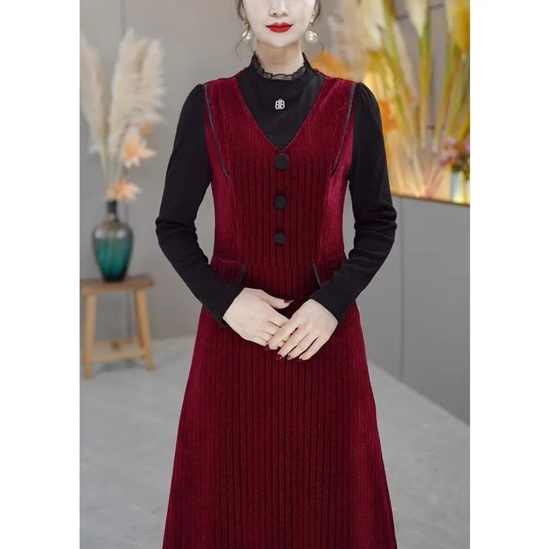 加厚連衣裙女秋季2023新款中長款氣質顯瘦保暖A字裙時尚打底裙