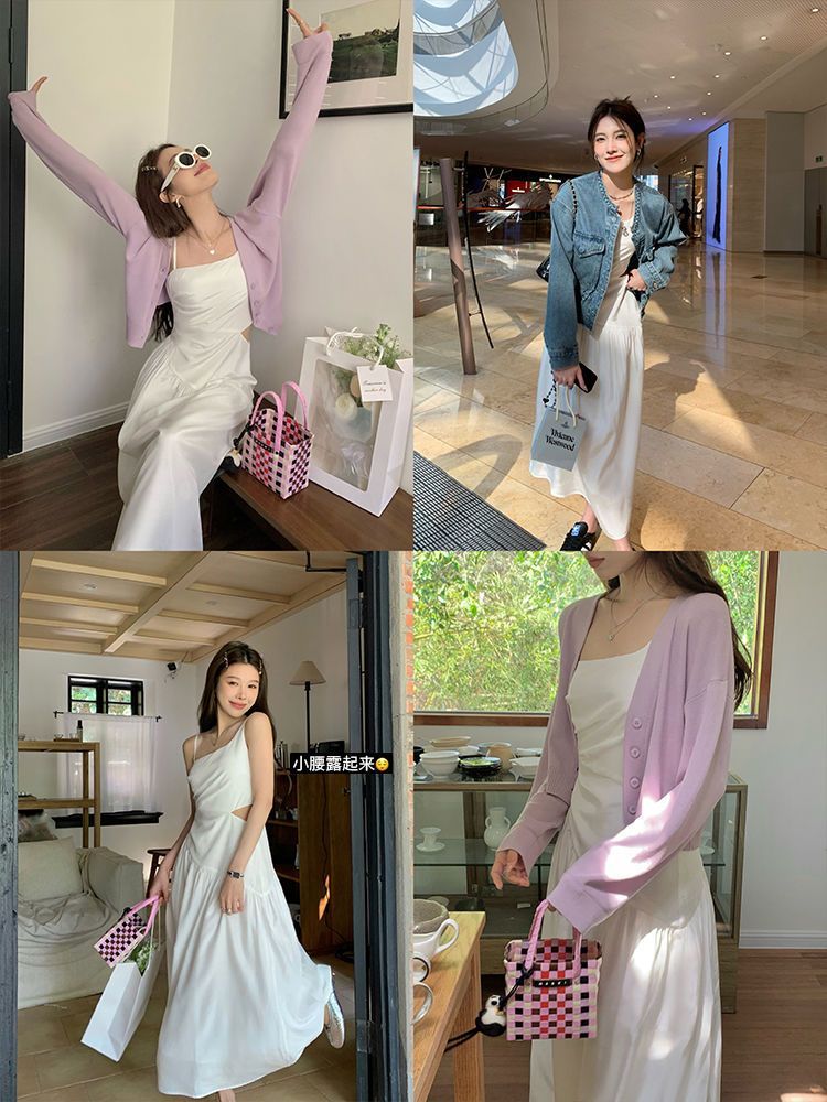 Irregular pleated suspender dress women  spring and summer new high-end light luxury waist slimming long skirt