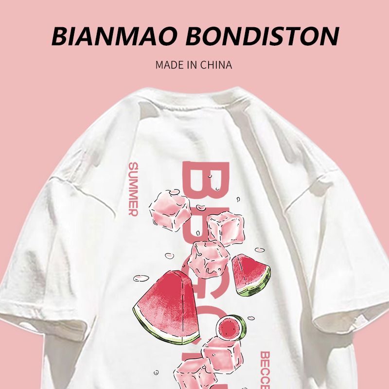 100% pure cotton sweet and versatile fruit print small fresh Korean version of vibe college style boudoir honey short-sleeved T-shirt ins