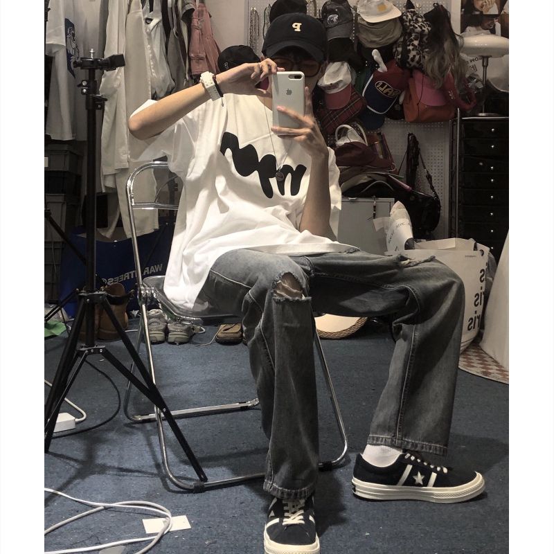 100%純棉夏季美式潮牌復古字母短袖T恤男潮流街頭寬鬆情侶體恤男