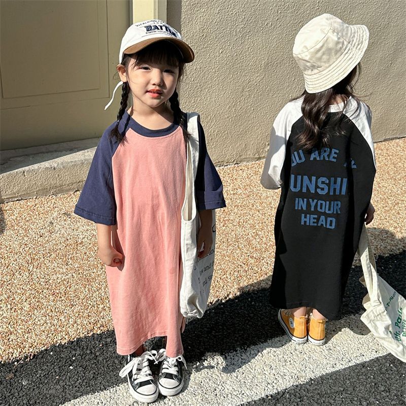 Girls dress Korean version of cotton short-sleeved children's clothing summer  new baby long letter T-shirt skirt