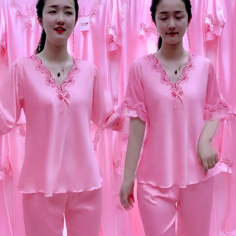 Thin pajamas women's summer ice silk short-sleeved trousers with cropped pants two-piece sexy net red home service women's suit