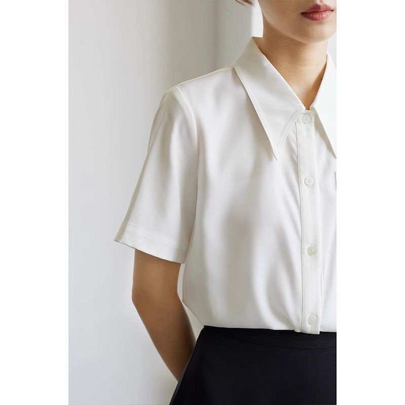 格瑞吉奥复古尖领白衬衫女夏2023新款设计感小众职业通勤衬衣短袖