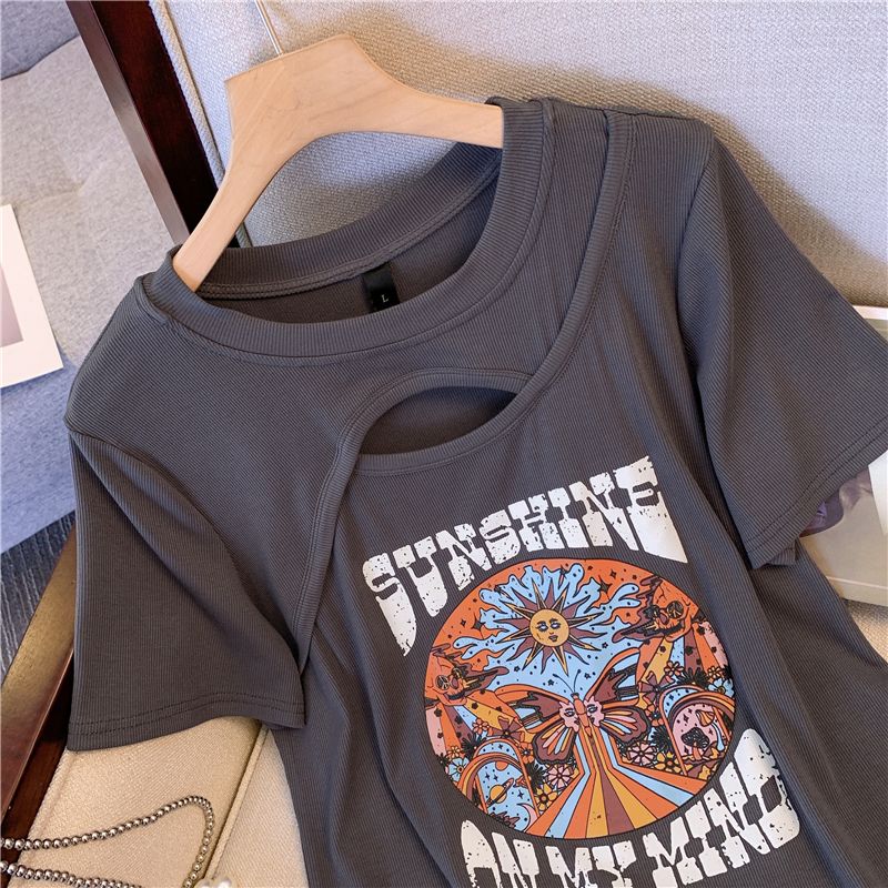 Fried street hot girl hollow round neck short-sleeved T-shirt women's summer large size fat mm design sense printing giant thin top tide