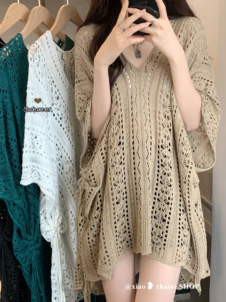 V-neck hollow short-sleeved knitted sweater women's lazy style summer design sense niche unique chic loose blouse top
