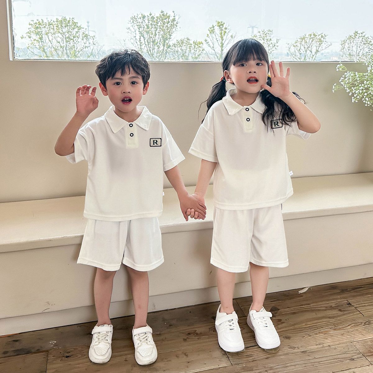 GY新款提花小华夫格爆款polo衫男童女童外出夏季短袖套装高档轻薄