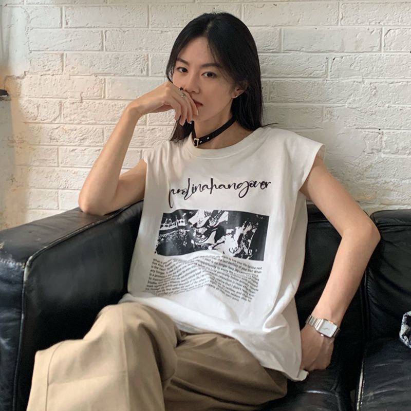 重磅純棉美式高街搖滾字母印花無袖背心t恤女夏季新款寬鬆上衣潮