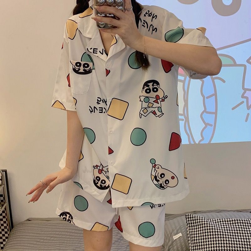 Spring and summer ice silk pajamas women's short-sleeved crayon Shinchan cute cartoon silk thin section home service suit spring and summer