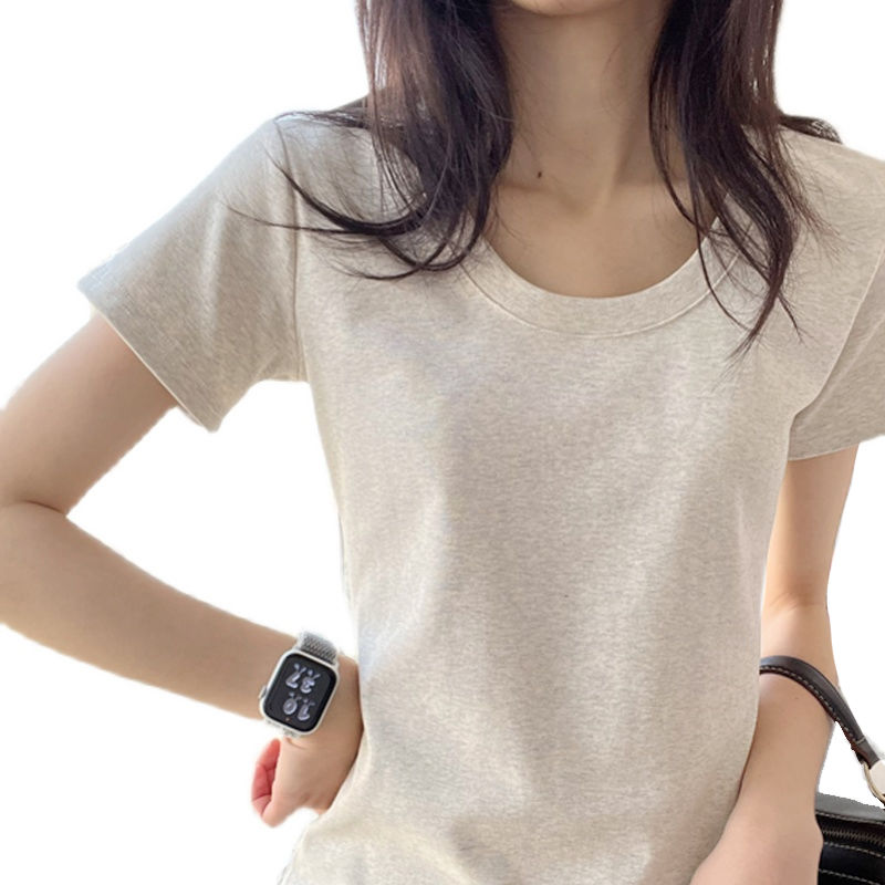 Summer  new slim classic basic U-neck gray all-match short-sleeved T-shirt female American top bottoming shirt