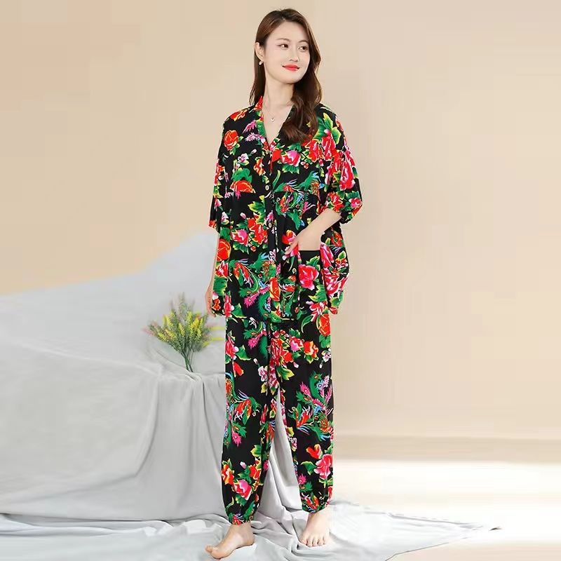 Cotton silk pajamas women's spring and summer three-quarter sleeve trousers thin suit large size air-conditioning suit home service can be worn outside suit