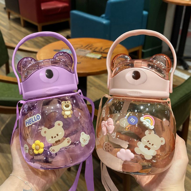 Bear Water Cup Student Good-Looking Straw Big Belly Cup Cartoon Children Internet Celebrity Portable Can Be Crossed Cute Drinking Water Bottle