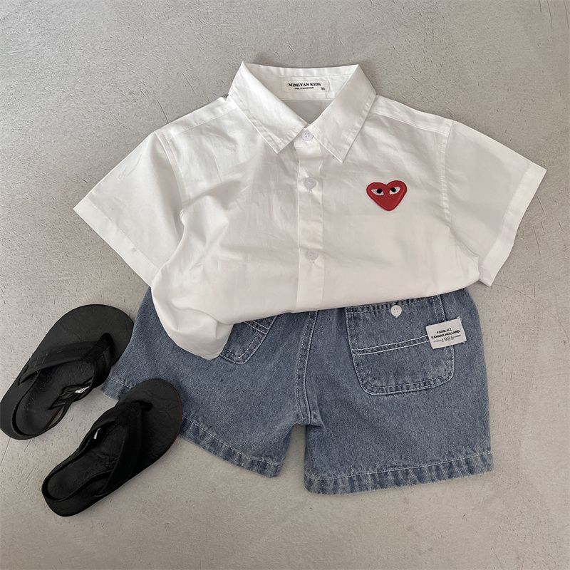 儿童短袖衬衫2023夏男女童纯色爱心贴标衬衫宝宝条纹短袖衬衣