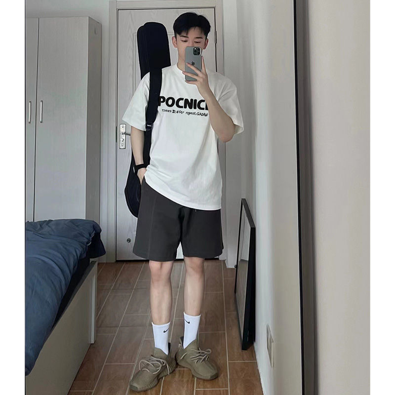 American heavyweight pure cotton short-sleeved T-shirt men's Hong Kong style simple ins letter print casual couple tops T-shirt summer
