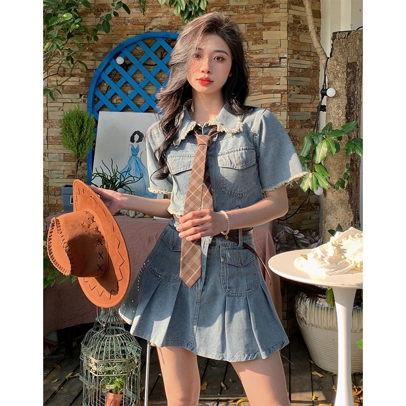 漫汐茹 純欲辣妹牛仔套裝女夏季新款甜辣半身裙小眾兩件套ins