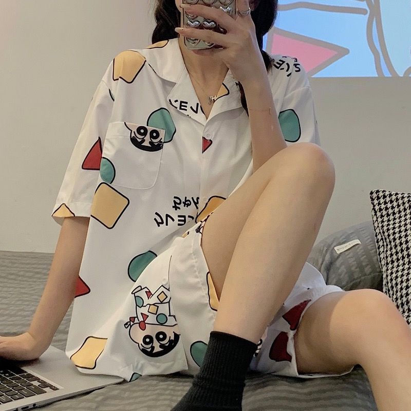 Spring and summer ice silk pajamas women's short-sleeved crayon Shinchan cute cartoon silk thin section home service suit spring and summer