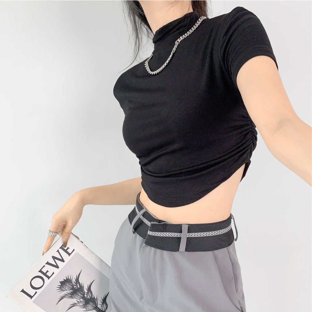 Hot girl black half-high collar short-sleeved t-shirt women's summer new bottoming shirt tight and thin shoulder short top ins