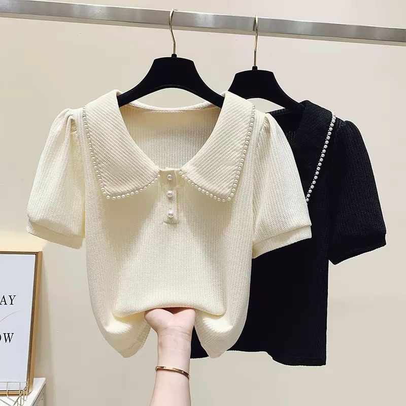 Short-sleeved t-shirt women's summer 2023 new fat sister all-match design sense niche doll collar puff sleeve top