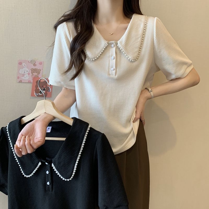 2023 summer large size design sense niche polo collar top bottoming shirt female fat mm slim shoulder short-sleeved t-shirt