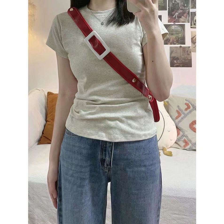 Summer 2023 new design sense niche retro American gray t-shirt women's short-sleeved slim-fit shoulder top ins tide