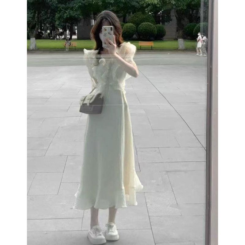 Summer French tea break beautiful ruffled dress 2023 new gentle wind waist slim temperament long skirt female