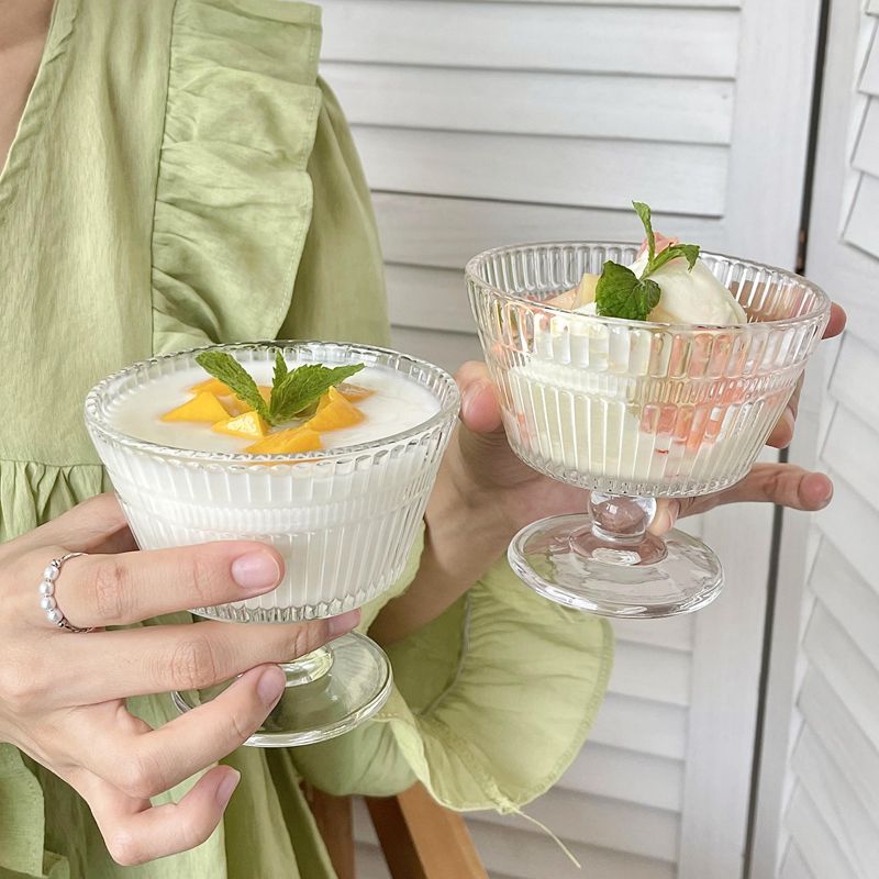 竖纹甜品高脚杯ins风创意水果冰淇淋酸奶杯玻璃家用女布丁雪糕杯