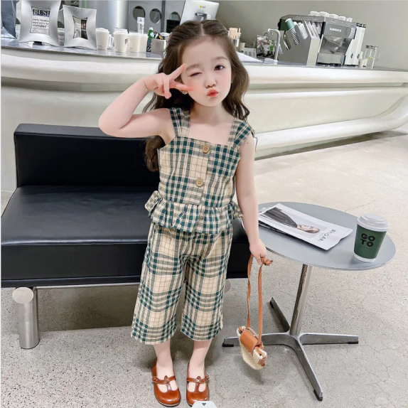 Girls Western Style Plaid Suit Korea 2023 Summer Baby Cotton Small Camisole Casual Pants Two-piece Set