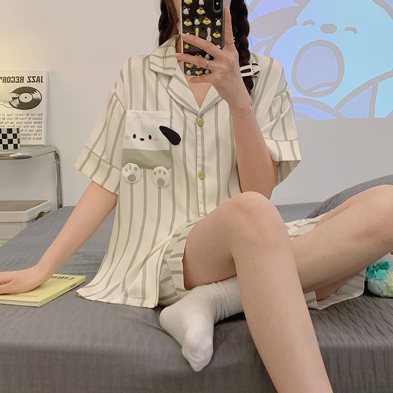 ins風網紅睡衣女夏天冰絲綢短袖短褲薄款卡通甜美夏季家居服套裝