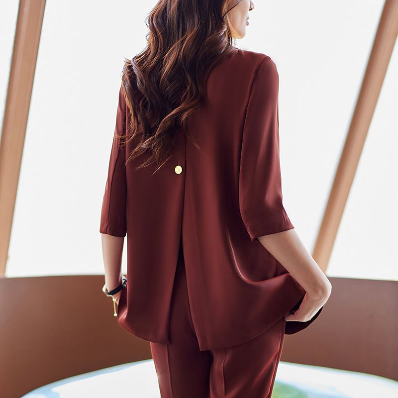 砖红色西装七分袖外套女夏季薄2023新款高级感职业装西服两件套装