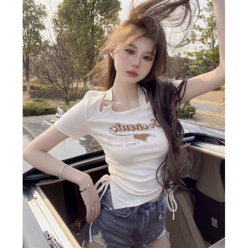 Design sense niche chic hot girl top women's summer bm wind irregular hanging neck short-sleeved high-waisted T-shirt