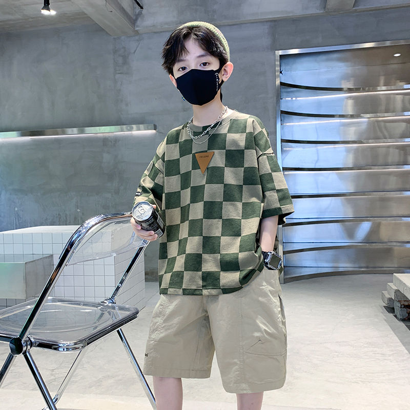 男童夏裝短袖套裝洋氣格子上衣中褲薄款炸街兩件套2023新款兒童裝