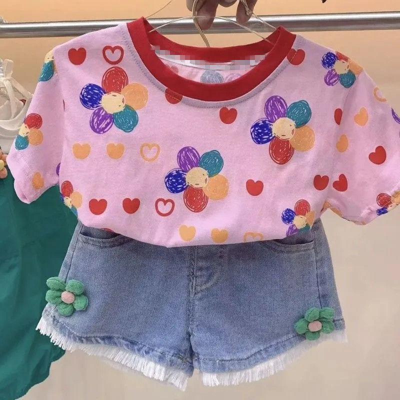2023 Girls Summer New Sunflower Cotton Short-sleeved T-shirt Baby Girl Korean Version Small Flower T-shirt Children's Tops