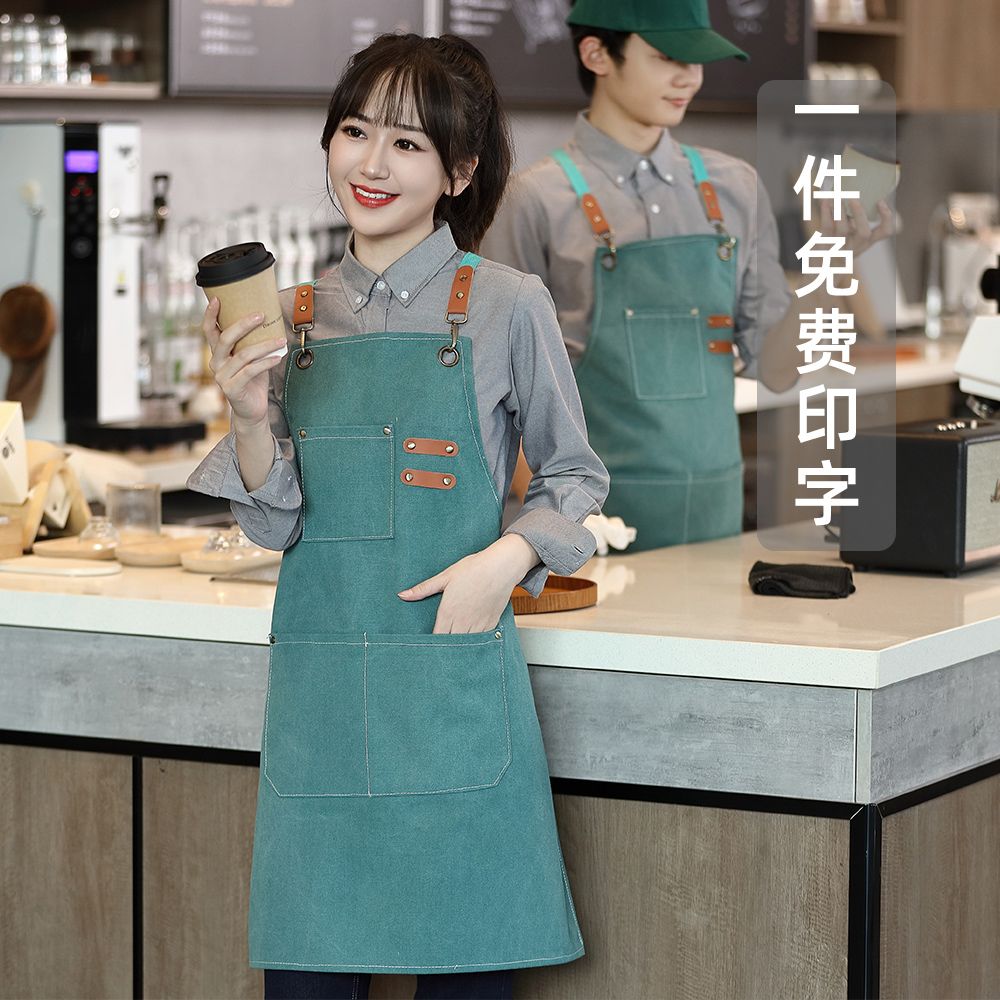 High-grade canvas denim apron extra thick wear-resistant printing custom catering apron painting milk tea nail shop overalls