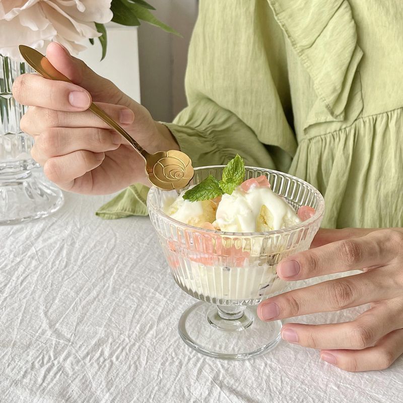 竖纹甜品高脚杯ins风创意水果冰淇淋酸奶杯玻璃家用女布丁雪糕杯