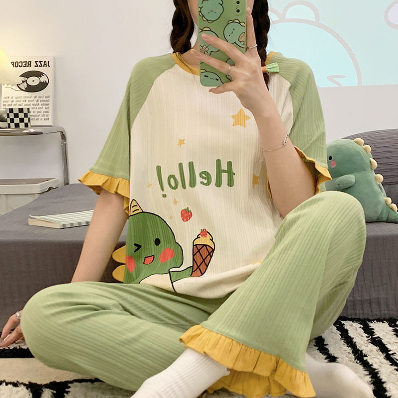 New pajamas women's summer short-sleeved trousers suit Korean cartoon can be worn outside in summer thin section high-end home service