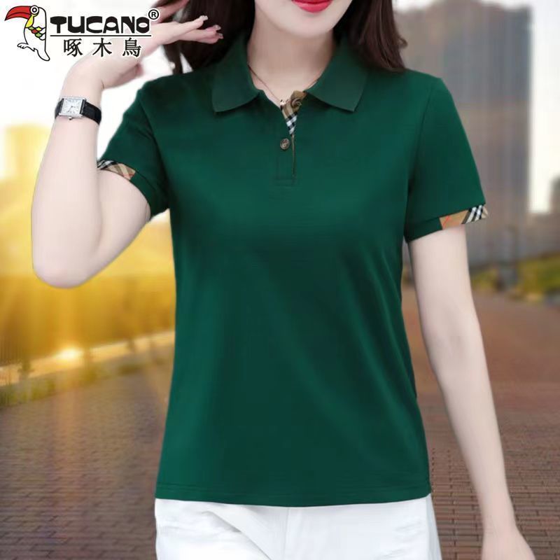 Woodpecker lapel cotton short-sleeved Polo shirt T-shirt women 2023 summer new foreign style casual T-shirt ladies tops