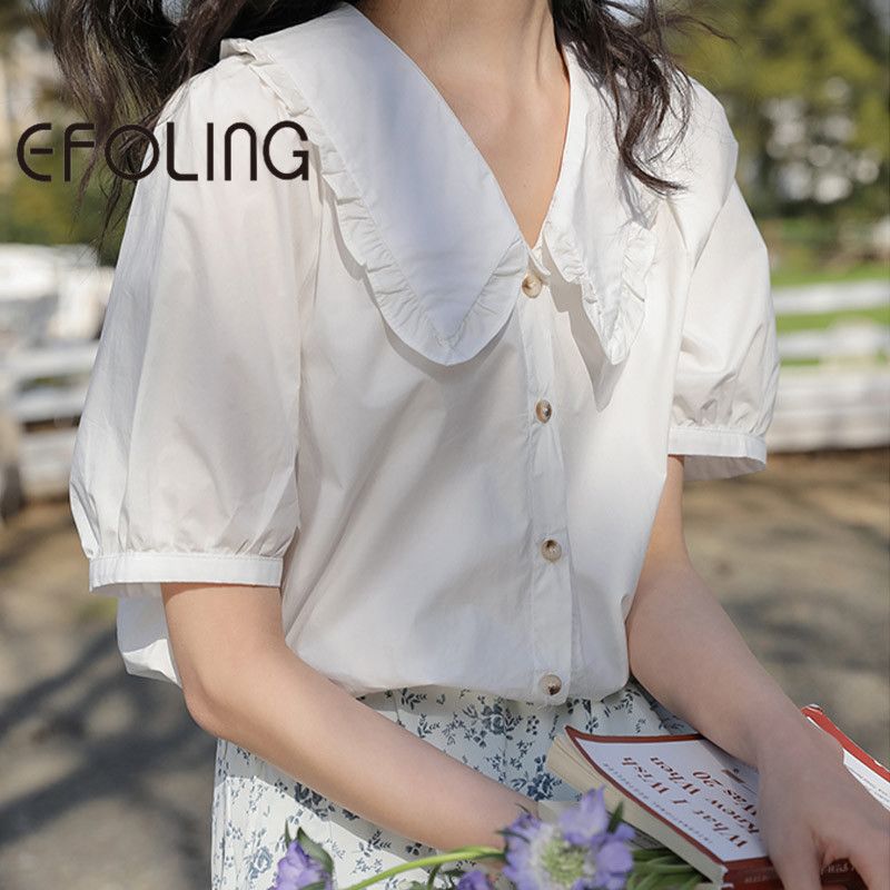 EFOLONG娃娃領白色襯衫女夏季新款小眾設計感減齡寬鬆短袖襯衣潮