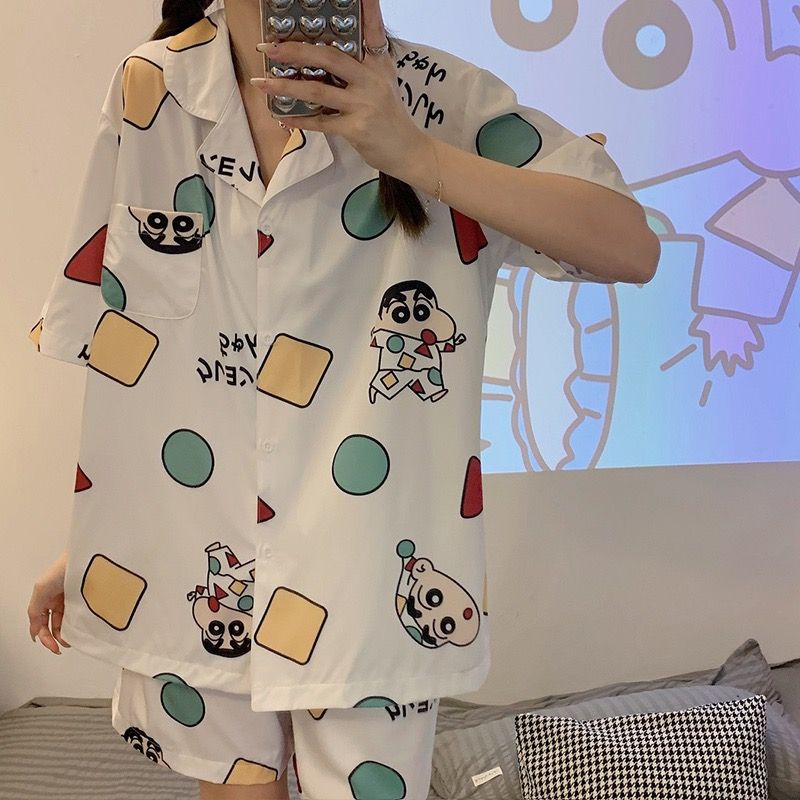 Spring and summer ice silk pajamas women's short-sleeved crayon Shinchan cute cartoon silk thin section home service suit spring and summer