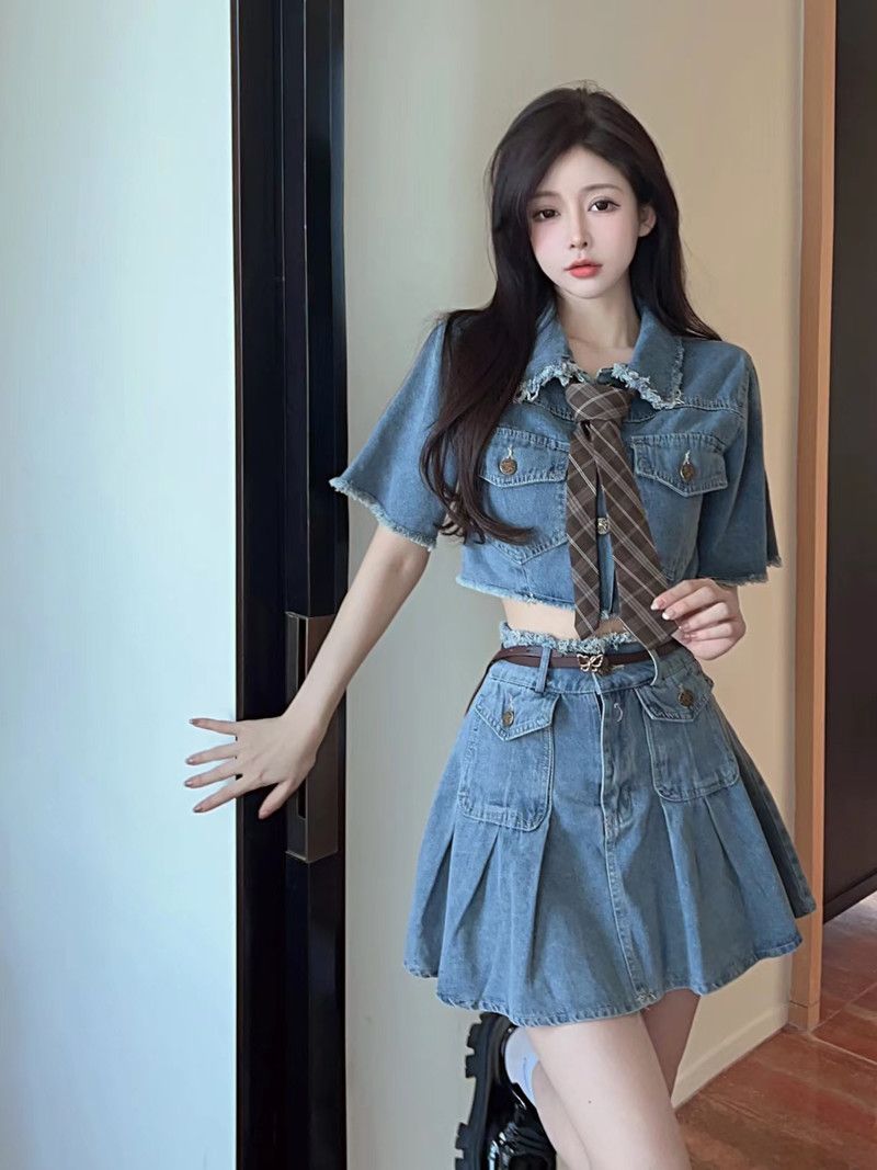 漫汐茹 氣質ins復古辣妹短款牛仔套裝裙兩件套百褶半身裙時尚洋氣