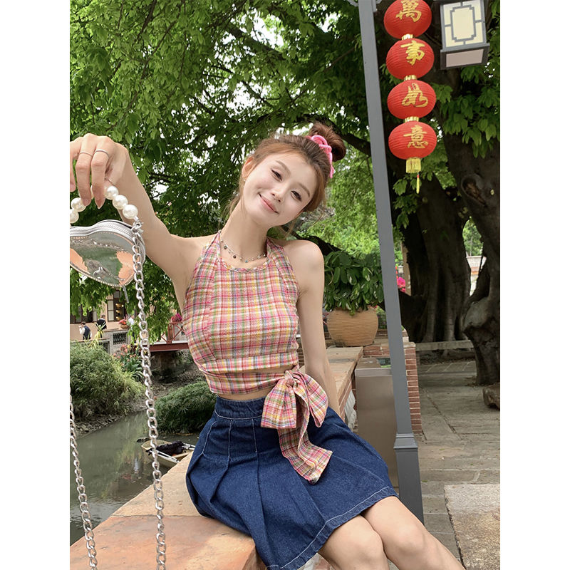 甜辣妹彩虹格纹系带吊带背心长袖防晒开衫女夏季2023新款时尚套装