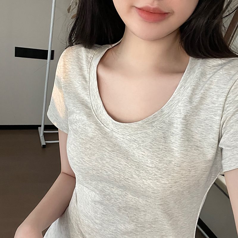 Summer 2023 new slim-fit short-sleeved front-shoulder T-shirt female U-neck pure cotton elastic thin solid color bottoming top ins tide
