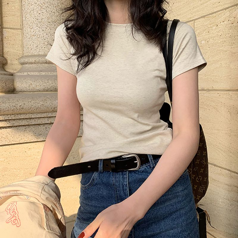 Shoulder short-sleeved T-shirt women's summer dress 2023 new design sense small crowd self-cultivation all-match basic bottoming shirt ins trend