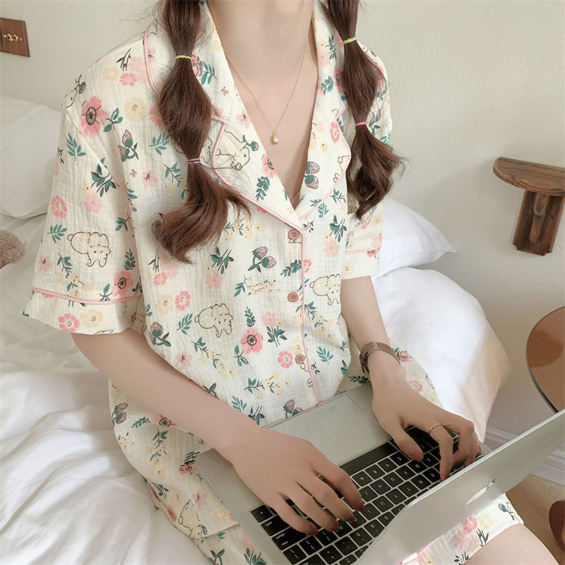 New pajamas women's summer cardigan short-sleeved thin section baby cotton feeling net red ins style summer home clothes set women